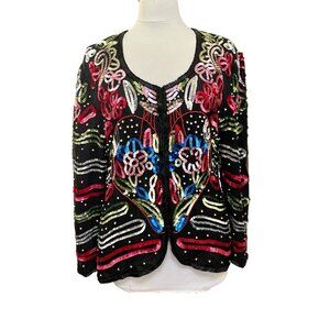 Sequin Long Sleeve Womens‎ Top / Jacket Floral Multicolor 80's  Size 10 / 12